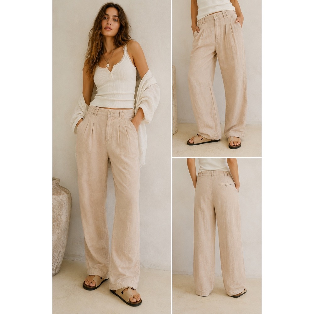 Free People Pleated Wide Leg Linen Blend Trousers Oatmeal Beige pink Size 12